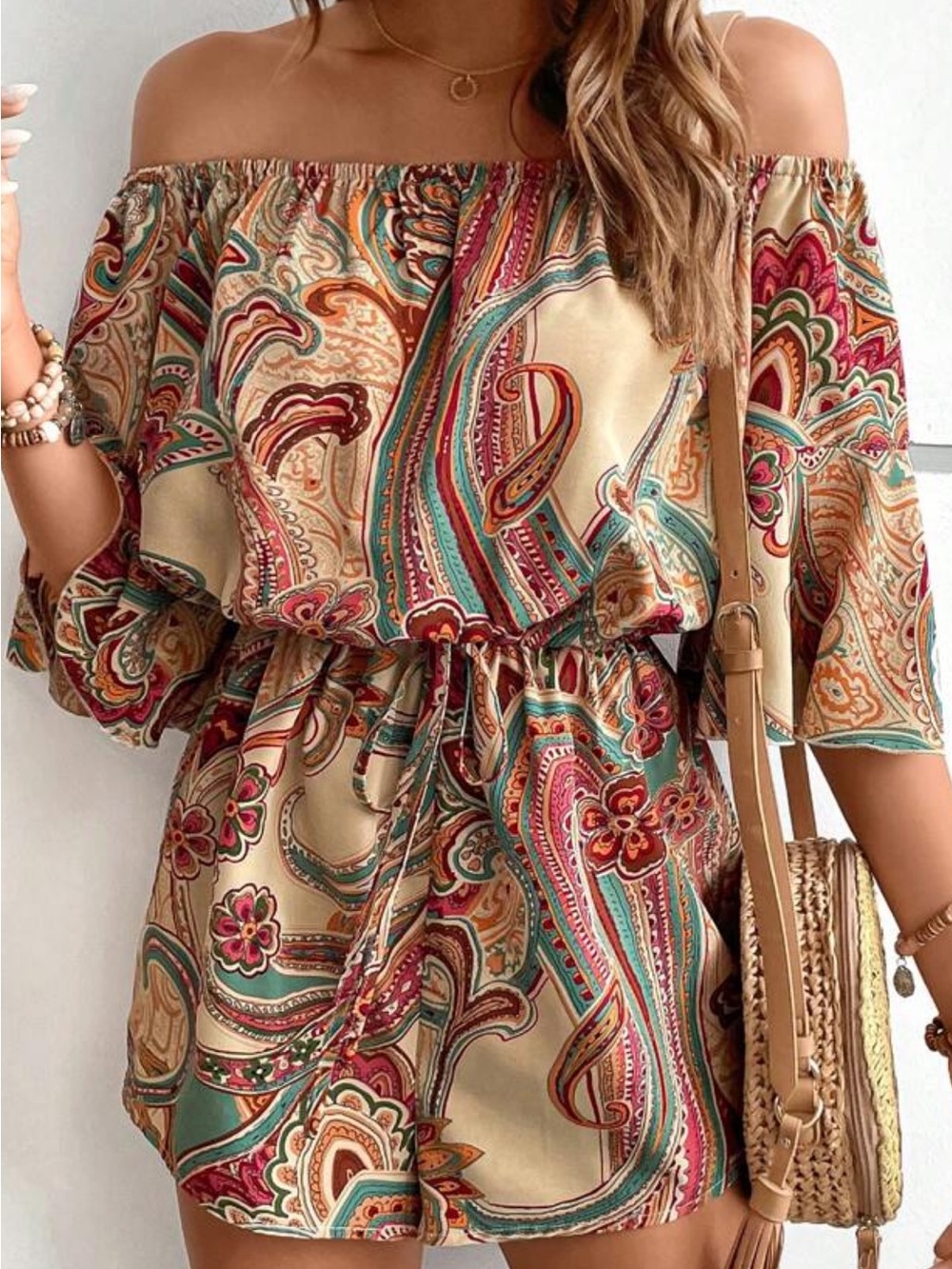 SHEIN Multi-Color Paisley Off-Shoulder Romper